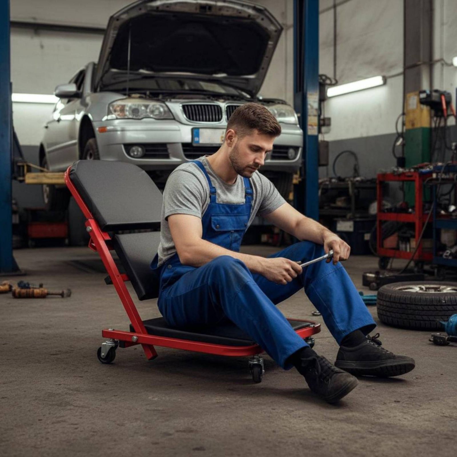 Garage Creeper Roller - เบาะนั่งช่างแบบพับได้ หนานุ่ม 2-in-1 พร้อมล้อเลื่อน อุปกรณ์สำหรับงานหนักในโรงรถ เบาะนั่งสบาย
